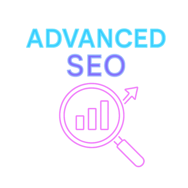 Text reads "ADVANCED SEO" with a magnifying glass and a growth chart illustration.