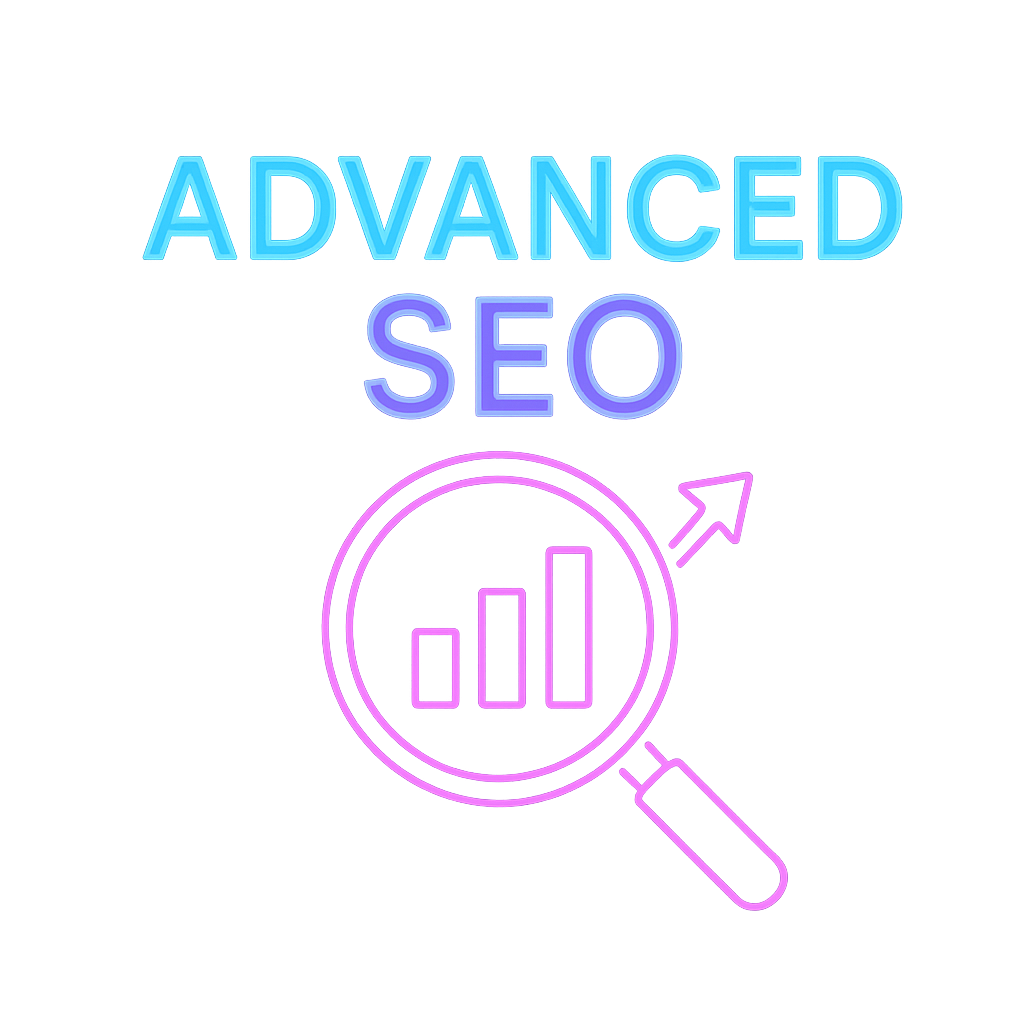 Text: "Advanced SEO" with a magnifying glass and upward trend graph illustration.