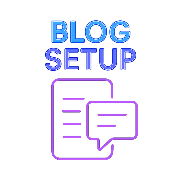 Text graphic with "Blog Setup" and a document icon with a speech bubble.