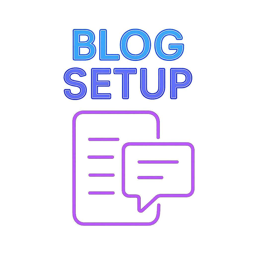 Text illustrating "Blog Setup" with a document and speech bubble icon.