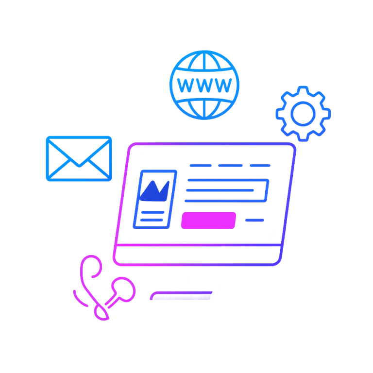Graphic depicting web elements including a computer screen, globe, email, and phone icons.
