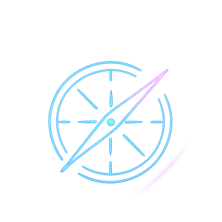 Blue and pink stylised compass design.