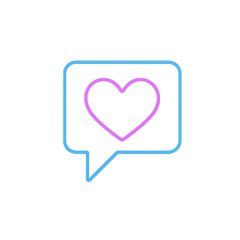 Outline of a speech bubble with a heart symbol inside, rendered in blue and pink.