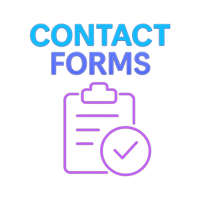 Icon of a clipboard with checkmark, titled "Contact Forms" in blue and purple text.