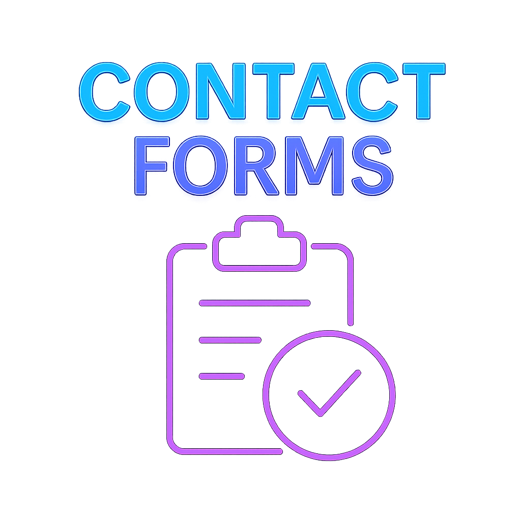 Icon of a clipboard with checkmark and text "Contact Forms" in blue and purple gradient.