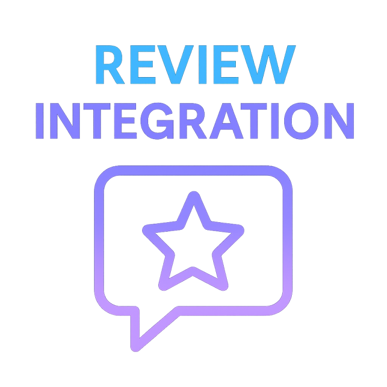 Graphic depicting review integration with a star and speech bubble design.