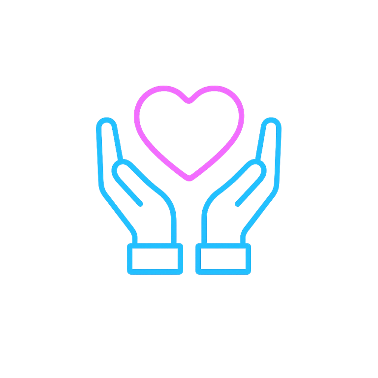 Two hands holding a pink heart, symbolising care and support.