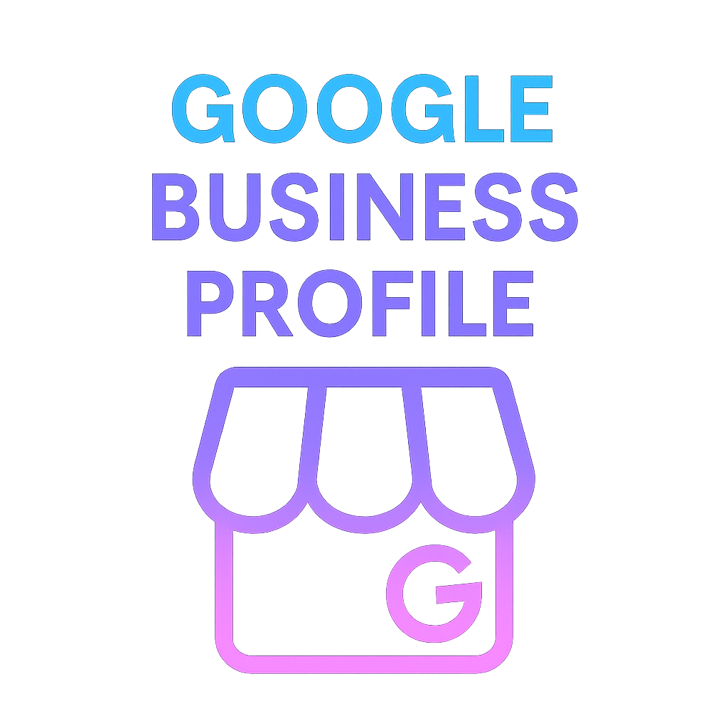 Google Business Profile logo featuring a shop icon and gradient text.