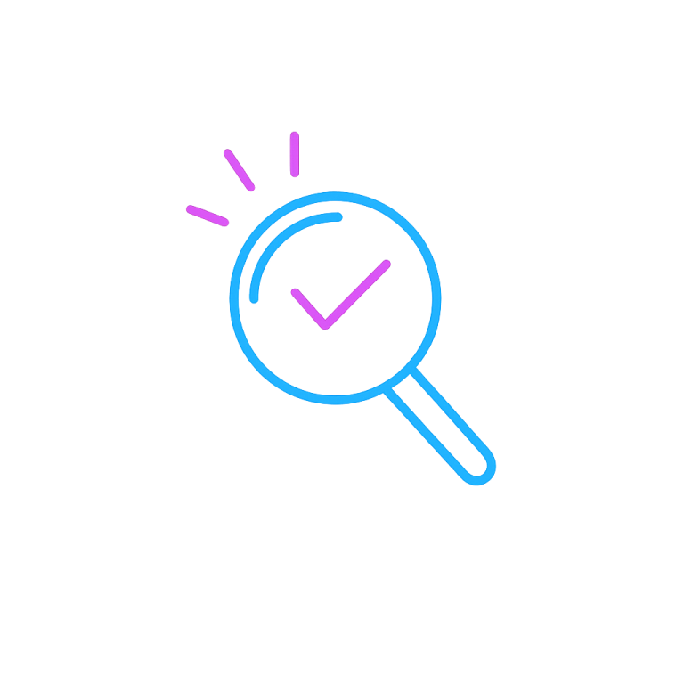 Magnifying glass with a check mark, symbolising verification or completion.