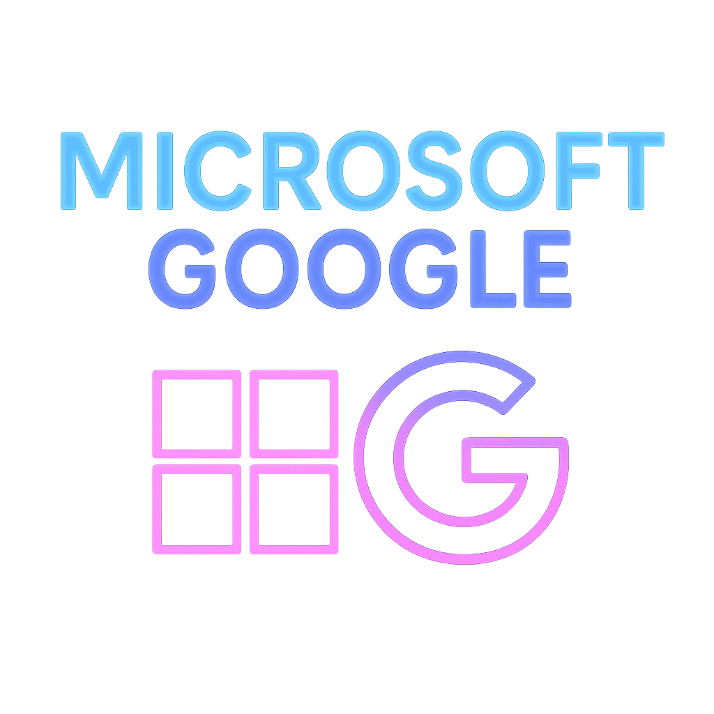 Logos of Microsoft and Google in blue and pink text.