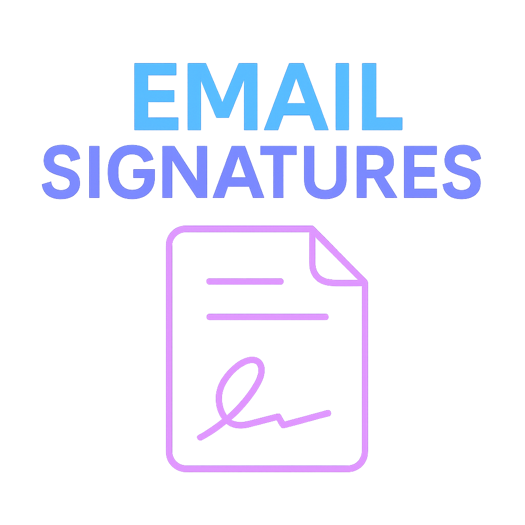 Text reads "Email Signatures" with a stylised document and signature illustration.