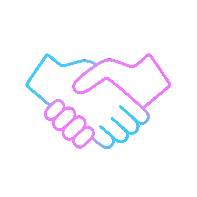 Two hands clasped in a handshake, depicted with a pink and blue outline.
