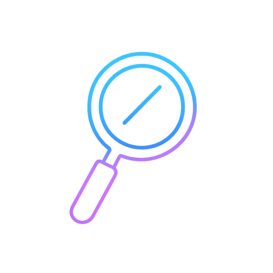 Magnifying glass icon in gradient blue and purple colours.