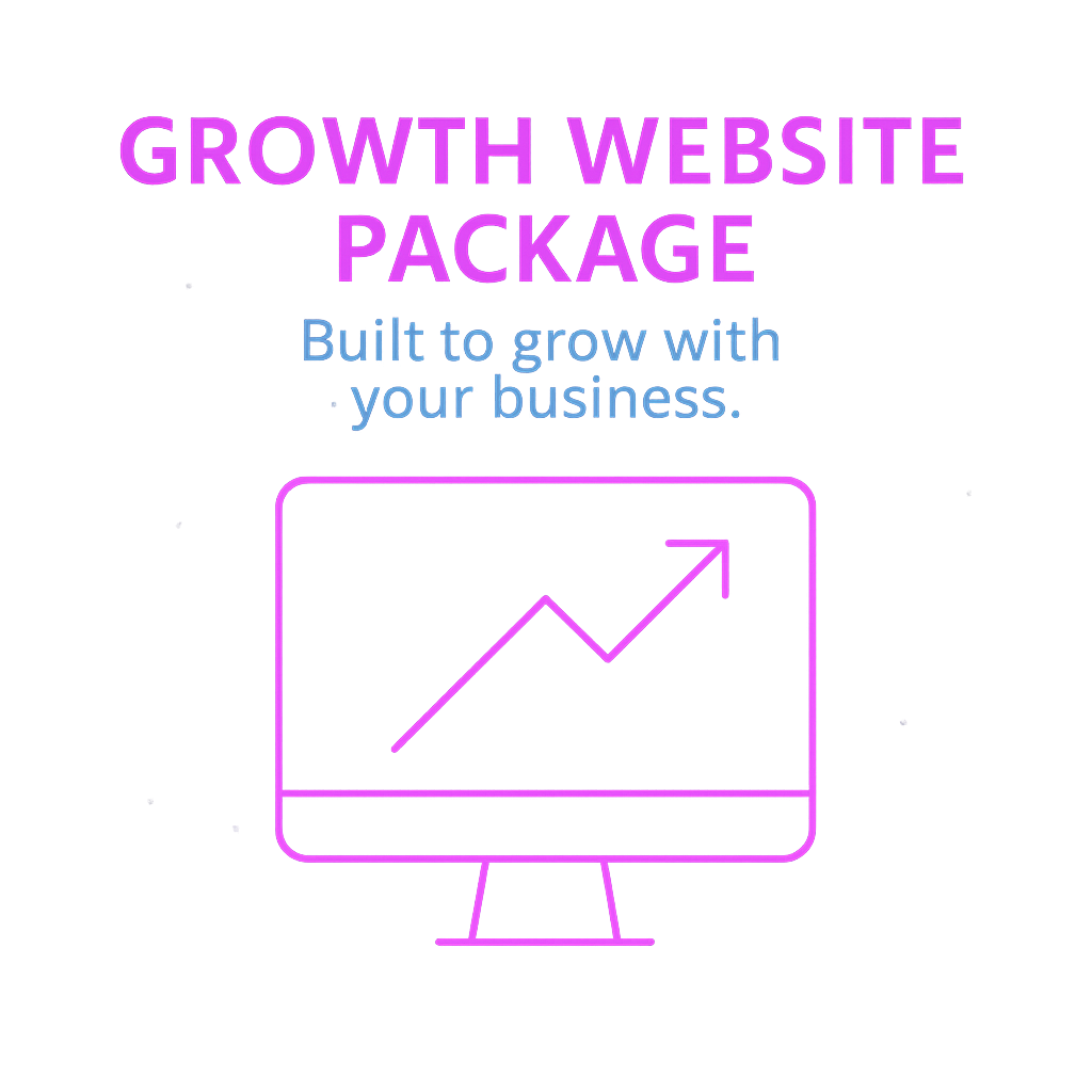 Graphic promoting a growth website package with a computer screen and an upward trend line.