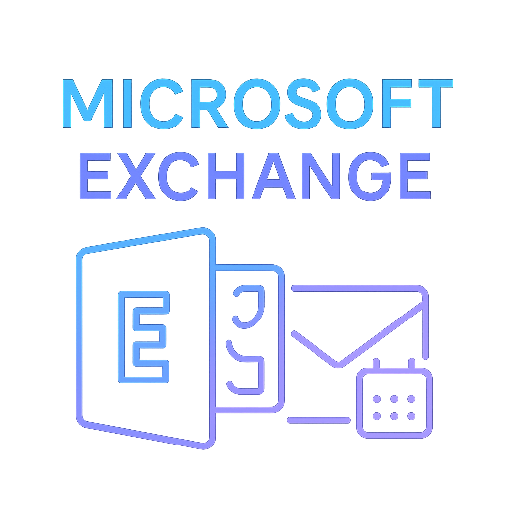 Microsoft Exchange logo featuring an envelope, calendar, and telephone icons.