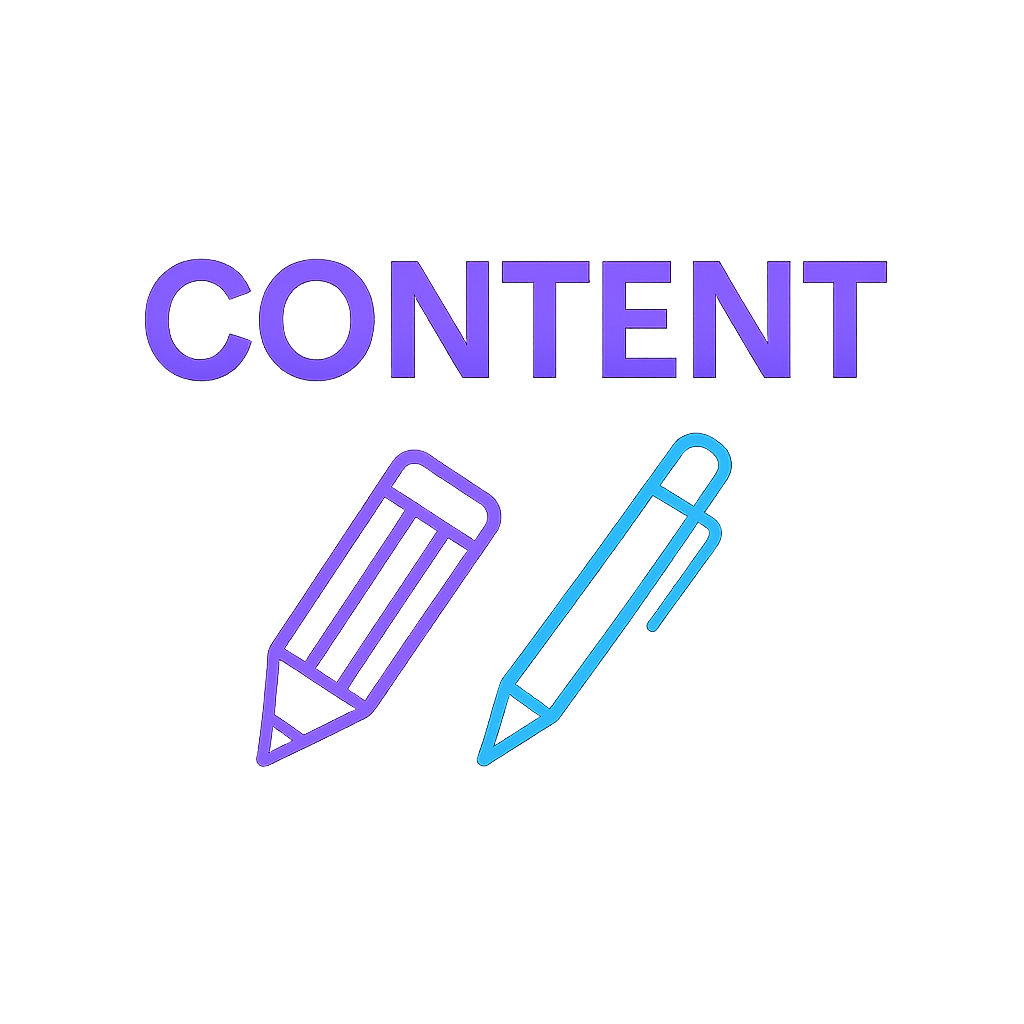 Graphic depicting the word "CONTENT" above two blue writing instruments, a pencil and a pen.